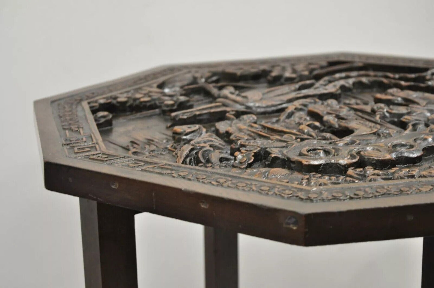Antique Chinese Carved Hardwood Folding Gate Leg Table with Figural Carvings