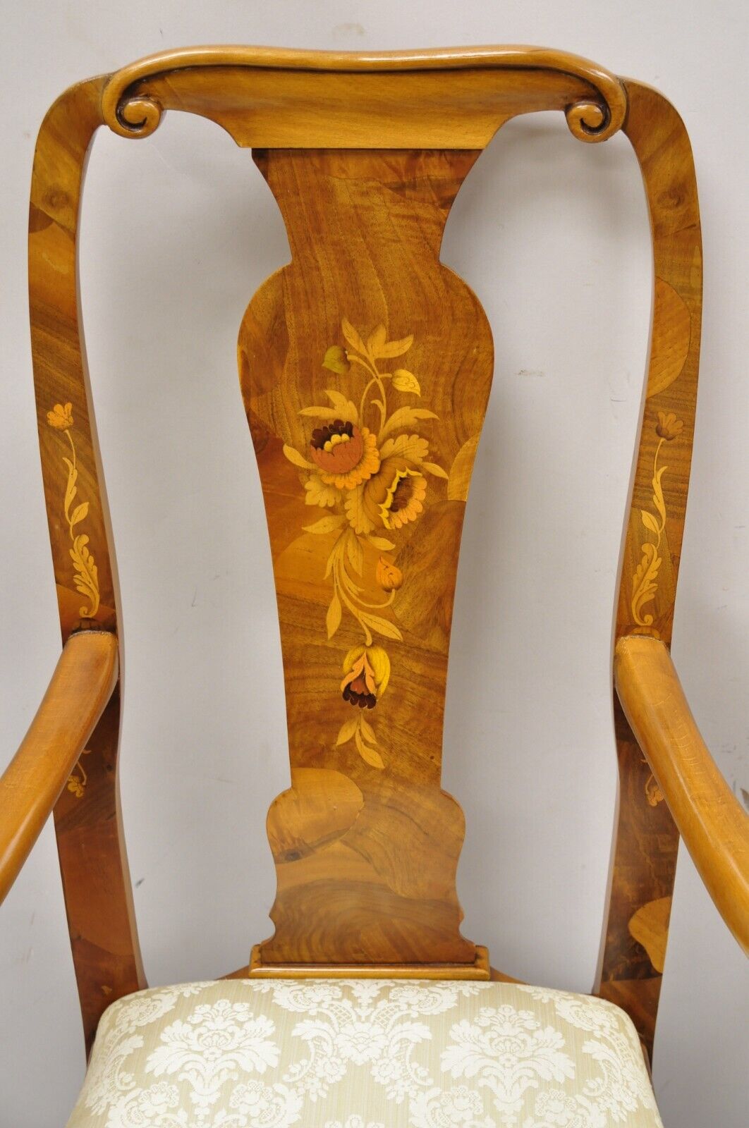 Vintage Queen Anne Style Italian Burl Patchwork Floral Inlay Arm Chairs - a Pair