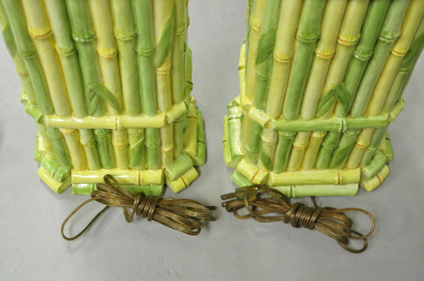 Vintage Hollywood Regency Green & Yellow Ceramic Faux Bamboo Table Lamps - Pair
