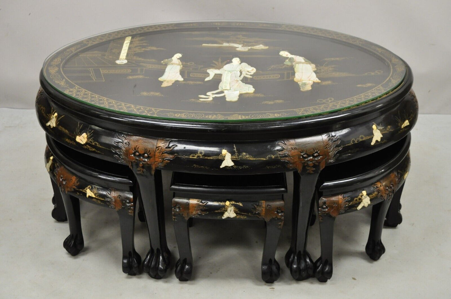 Chinese Black Lacquer Mother of Pearl Oval Nesting Coffee Table Set 6 Stools - A
