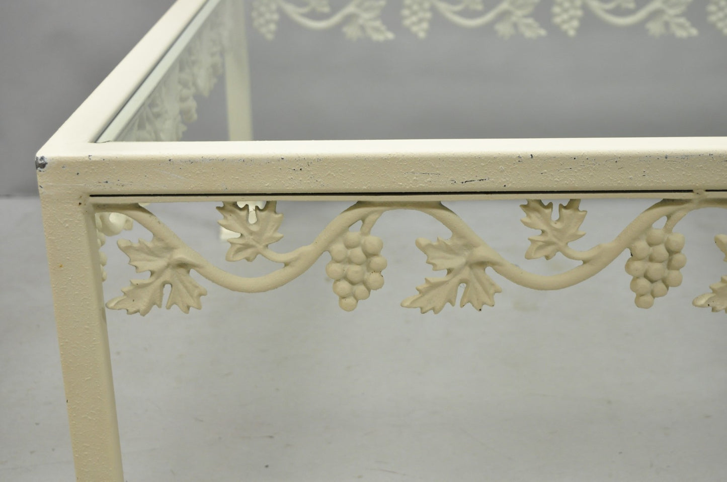 Vintage Woodard Style White Wrought Iron "Grapevine" Square Glass Coffee Table