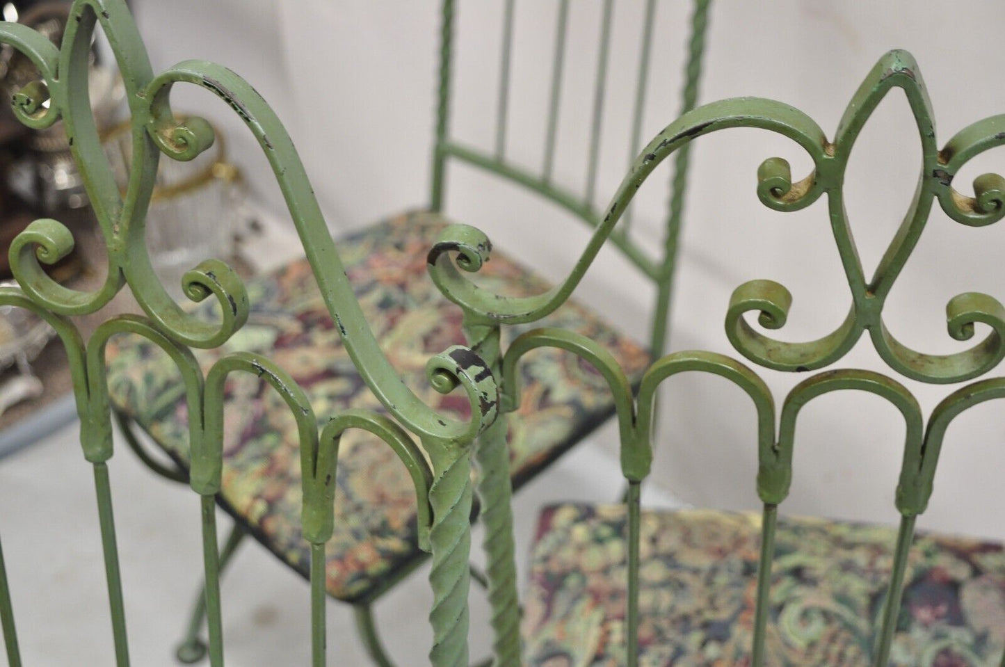 Vintage Gothic Hollywood Regency Style Green Wrought Iron Dining Chairs Set of 4