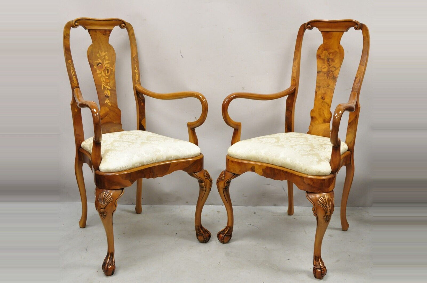 Vintage Queen Anne Style Italian Burl Patchwork Floral Inlay Arm Chairs - a Pair