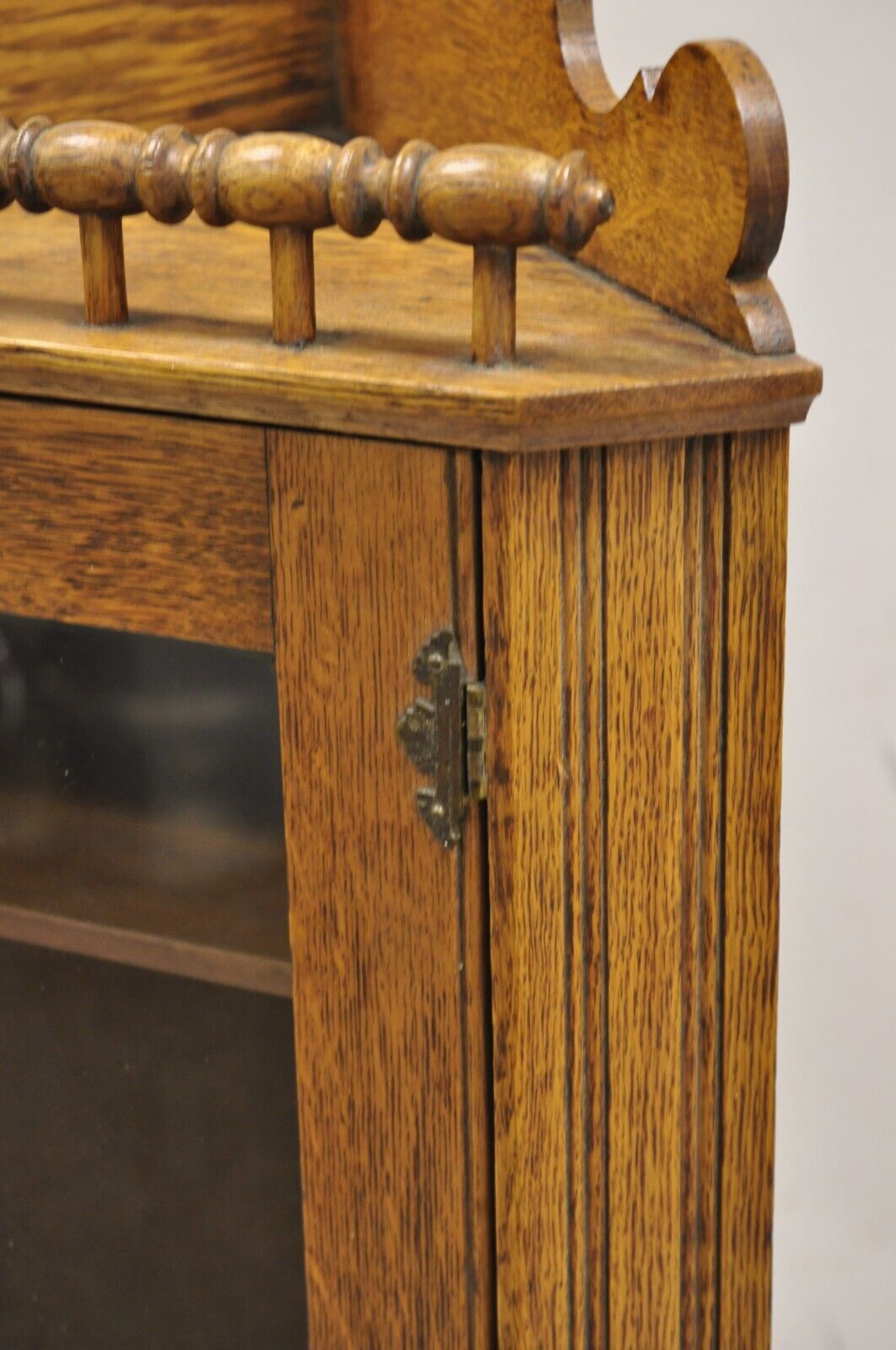 Antique Victorian Golden Oak Wood Glass One Door Corner Wall Curio Cabinet