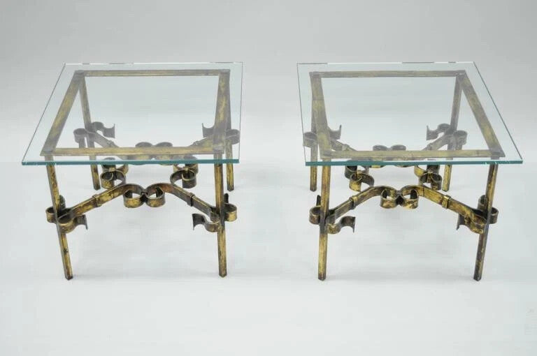 Vintage Spanish Hollywood Regency Gold Gilt Iron Square Glass End Tables - Pair