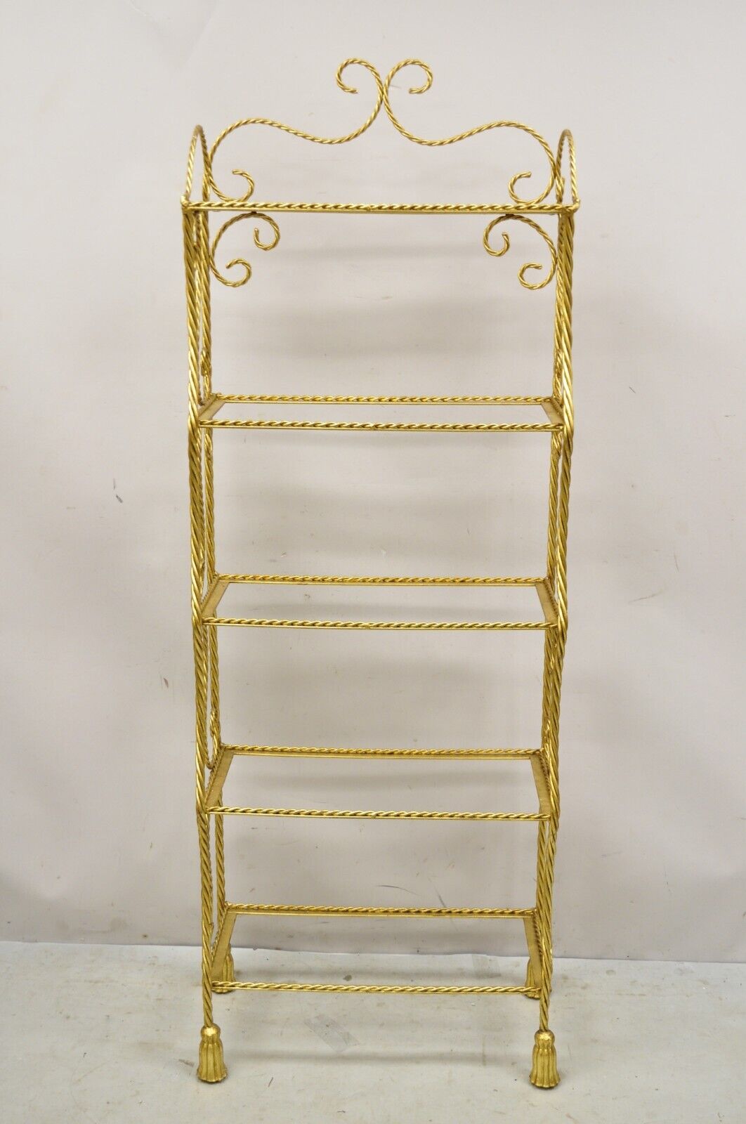 Italian Hollywood Regency Gold Gilt Iron 5 Tier Rope Tassel Narrow Etagere Stand