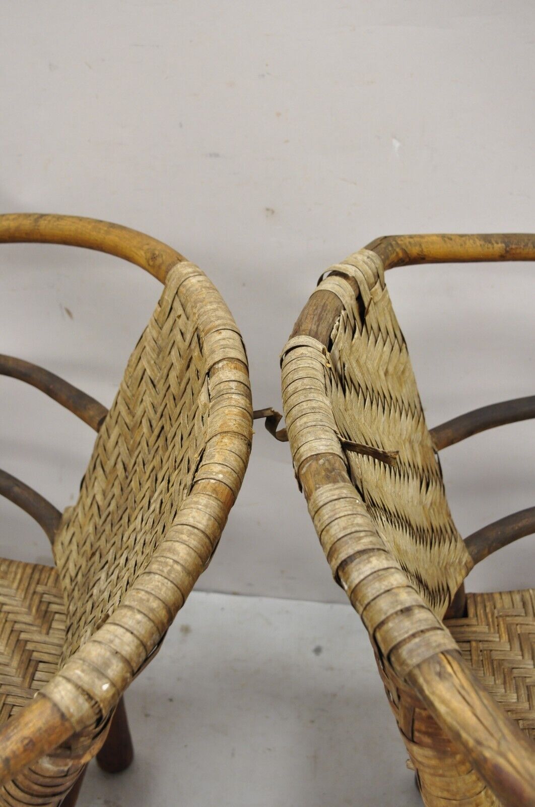 Adirondack Old Hickory Style Tree Branch Wood Frame Rattan Lounge Chairs a Pair