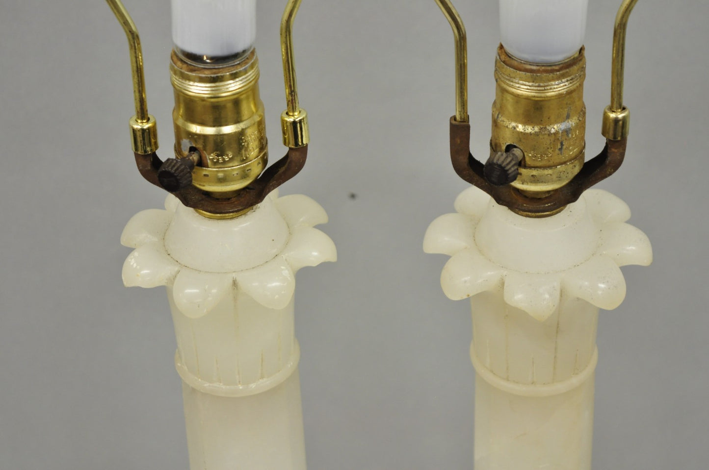 Vintage French Empire Italian Carved Alabaster Column Table Lamps - a Pair