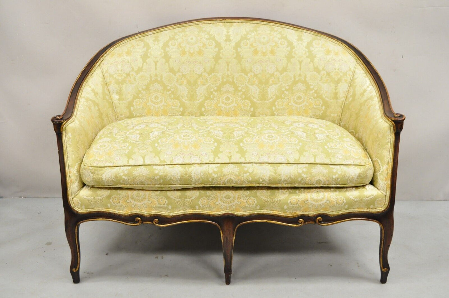 Vintage French Hollywood Regency Barrel Back Upholstered Loveseat Settee Sofa