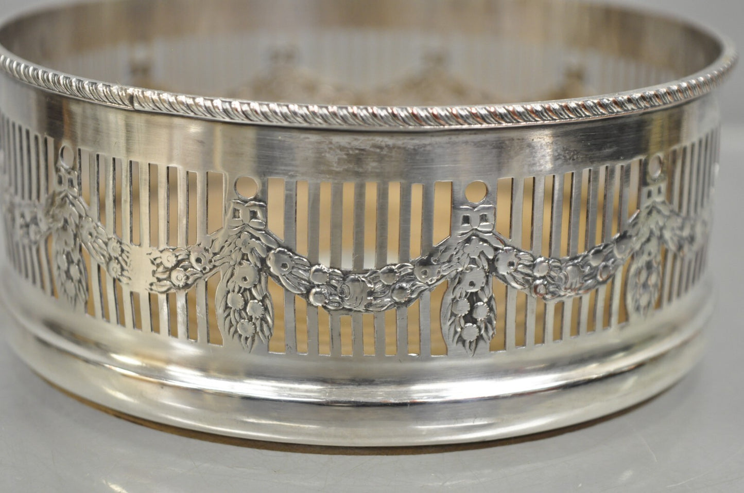 Sheffield Edwardian Silver Plated Fretwork Draped Mahogany Wine Bottle Coaster
