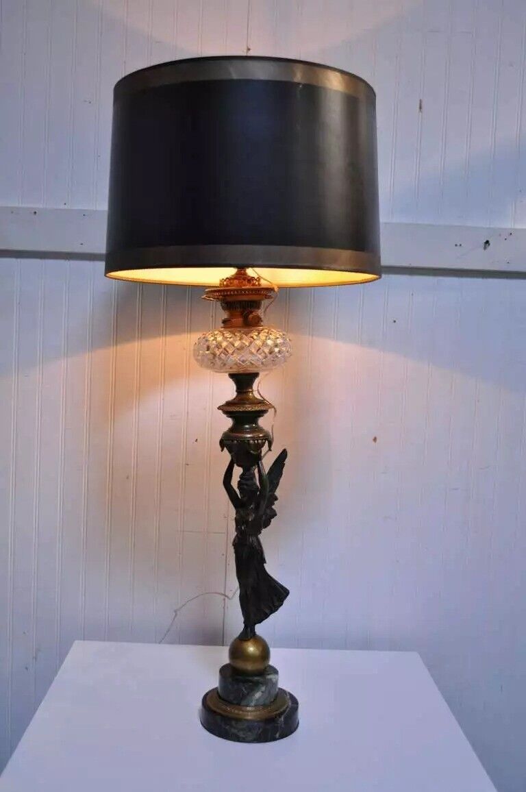 Antique French Neoclassical Style Bronze & Marble Figural Maiden Table Lamp
