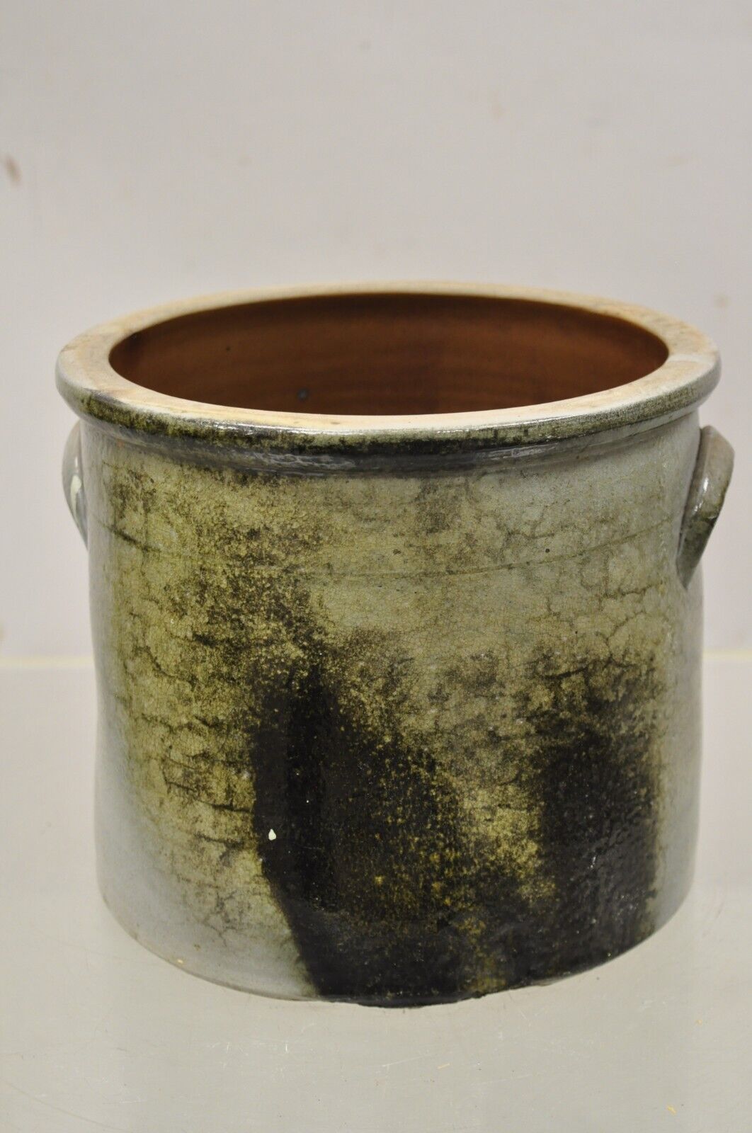 Antique Stoneware Salt Glazed 9" Round Pottery Crock Pot with Blue Flower