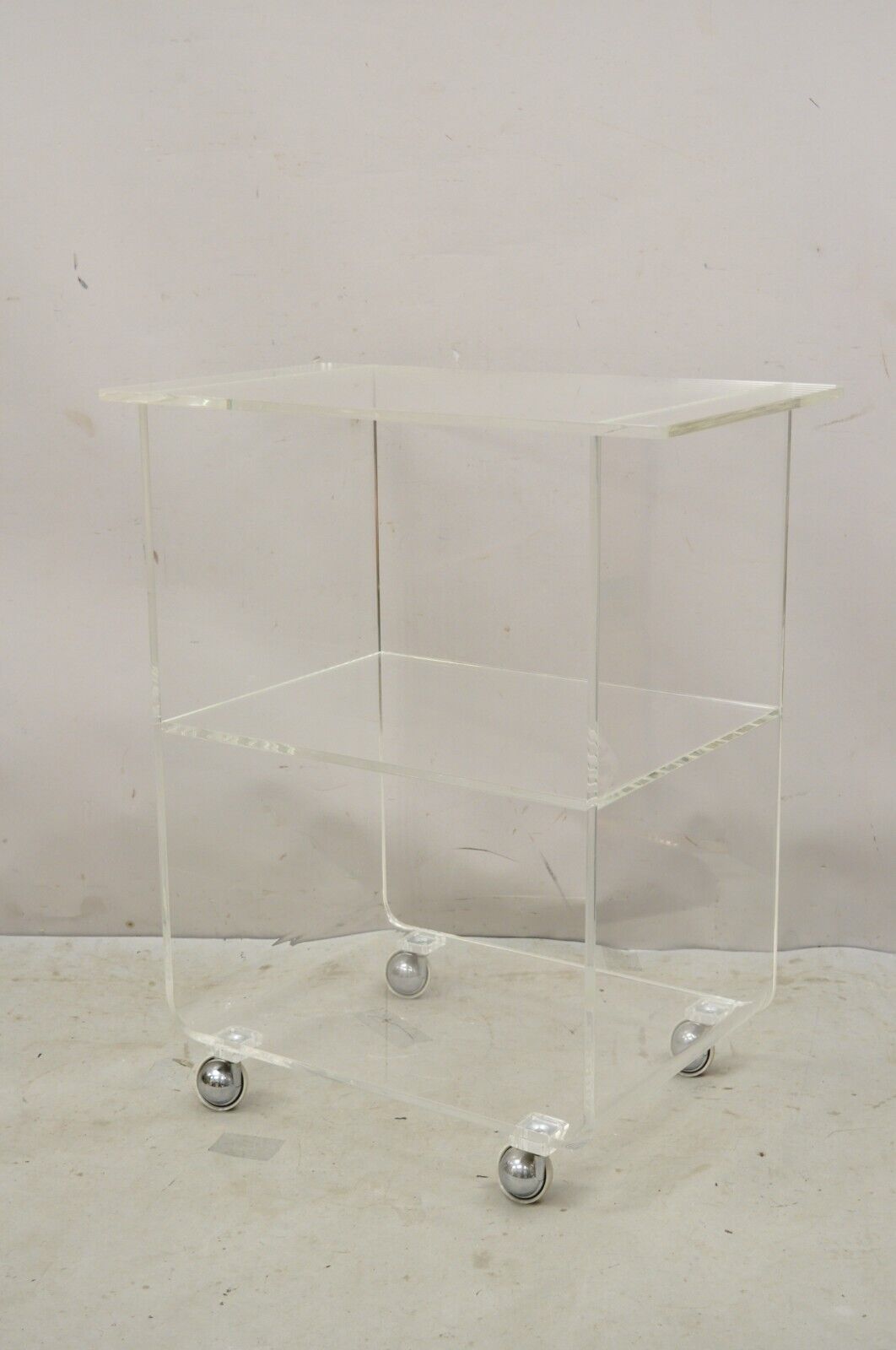 Vintage Clear Lucite Acrylic Mid Century Modern Rolling Bar Cart Side Table