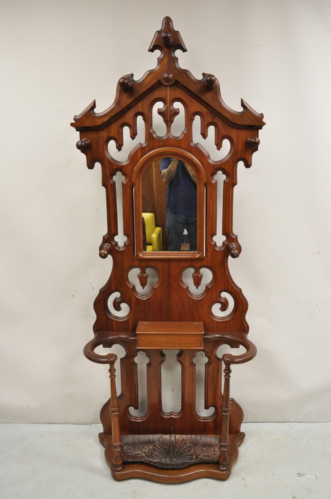 Antique Eastlake Victorian Walnut Coat Hall Tree Umbrella Stand with Mirror