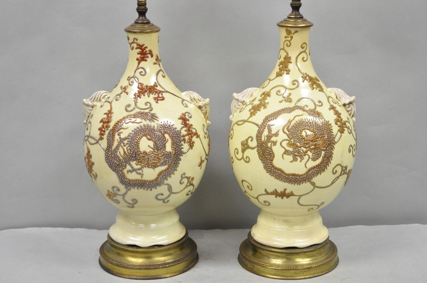 Antique Japanese Ceramic Beige Figural Dragon Vase Form Table Lamps - a Pair