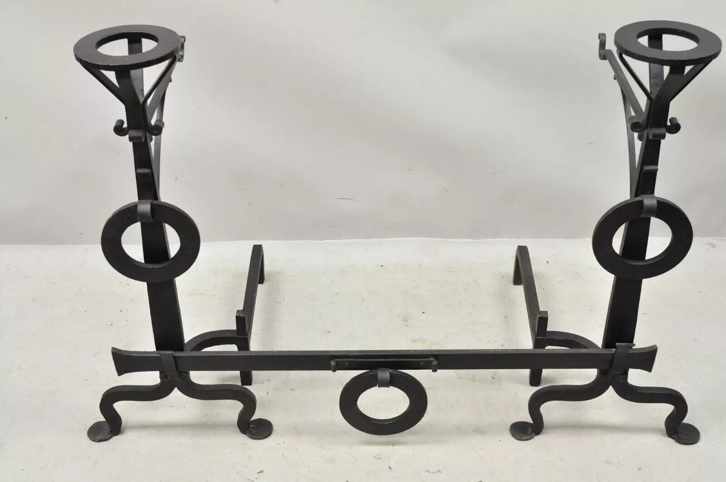 Antique Mission Arts & Crafts Wrought Iron Fireplace Andirons & Fender - 3pc Set