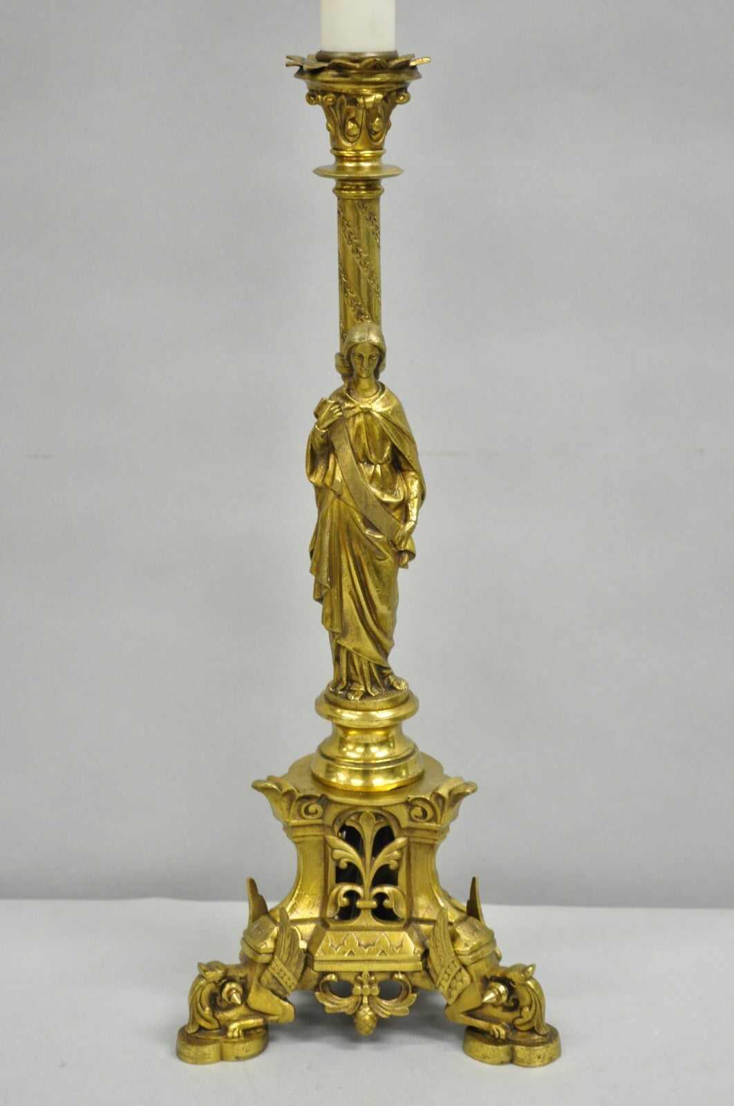 Antique French Empire Renaissance Bronze Maiden Candlestick Table Lamp