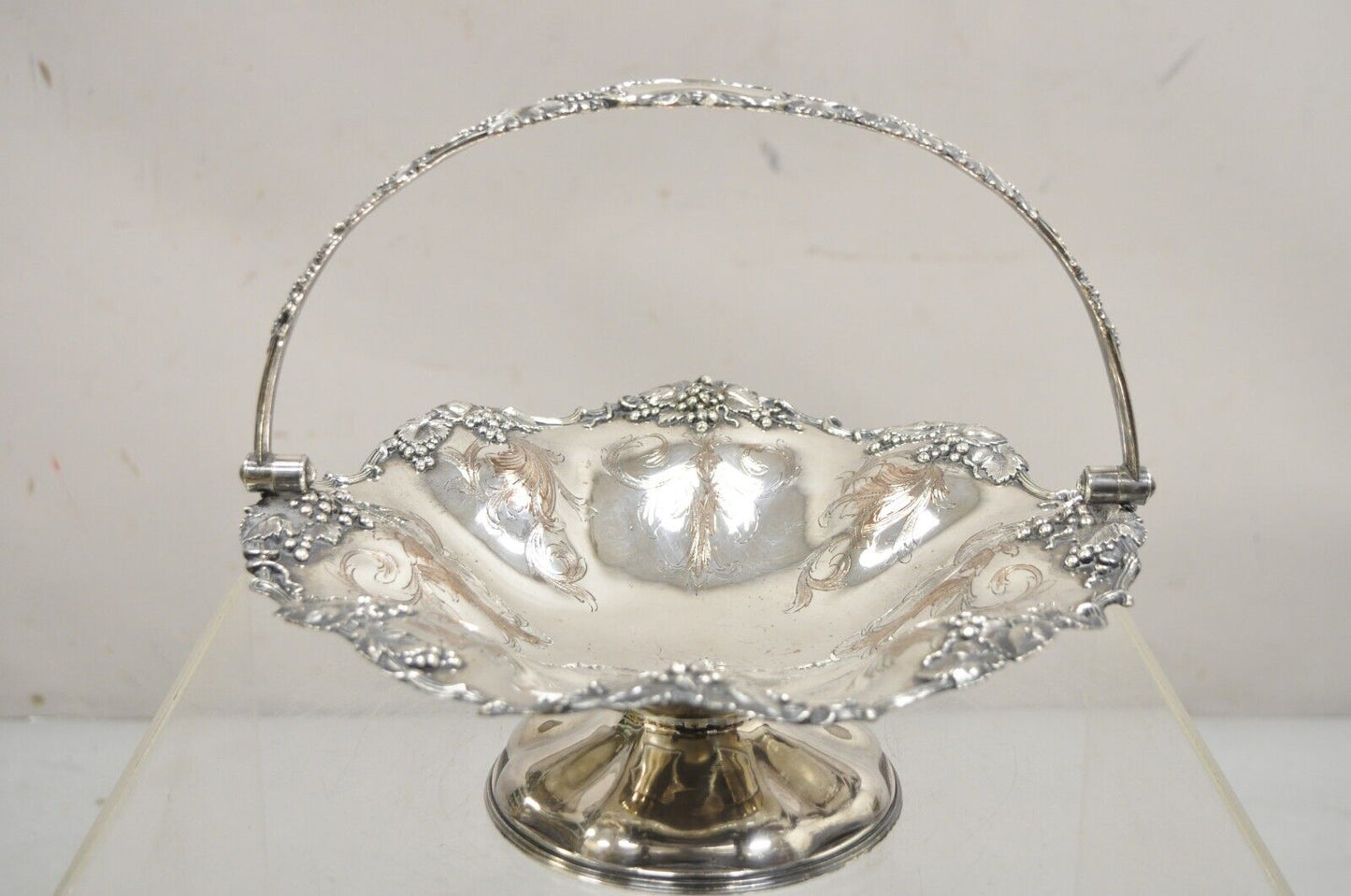 James Dixon & Sons Silver Plated Grapevine Repousse Scalloped Basket Bowl