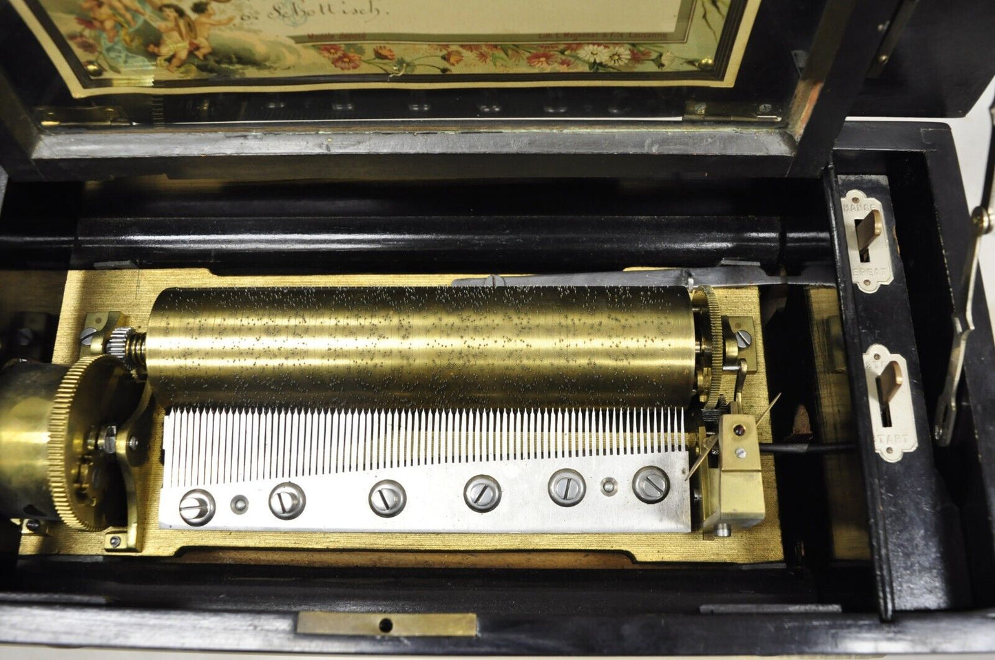 19th C. Antique Swiss Cylinder Roll Music Box 6 Tune Airs with Inlaid Case