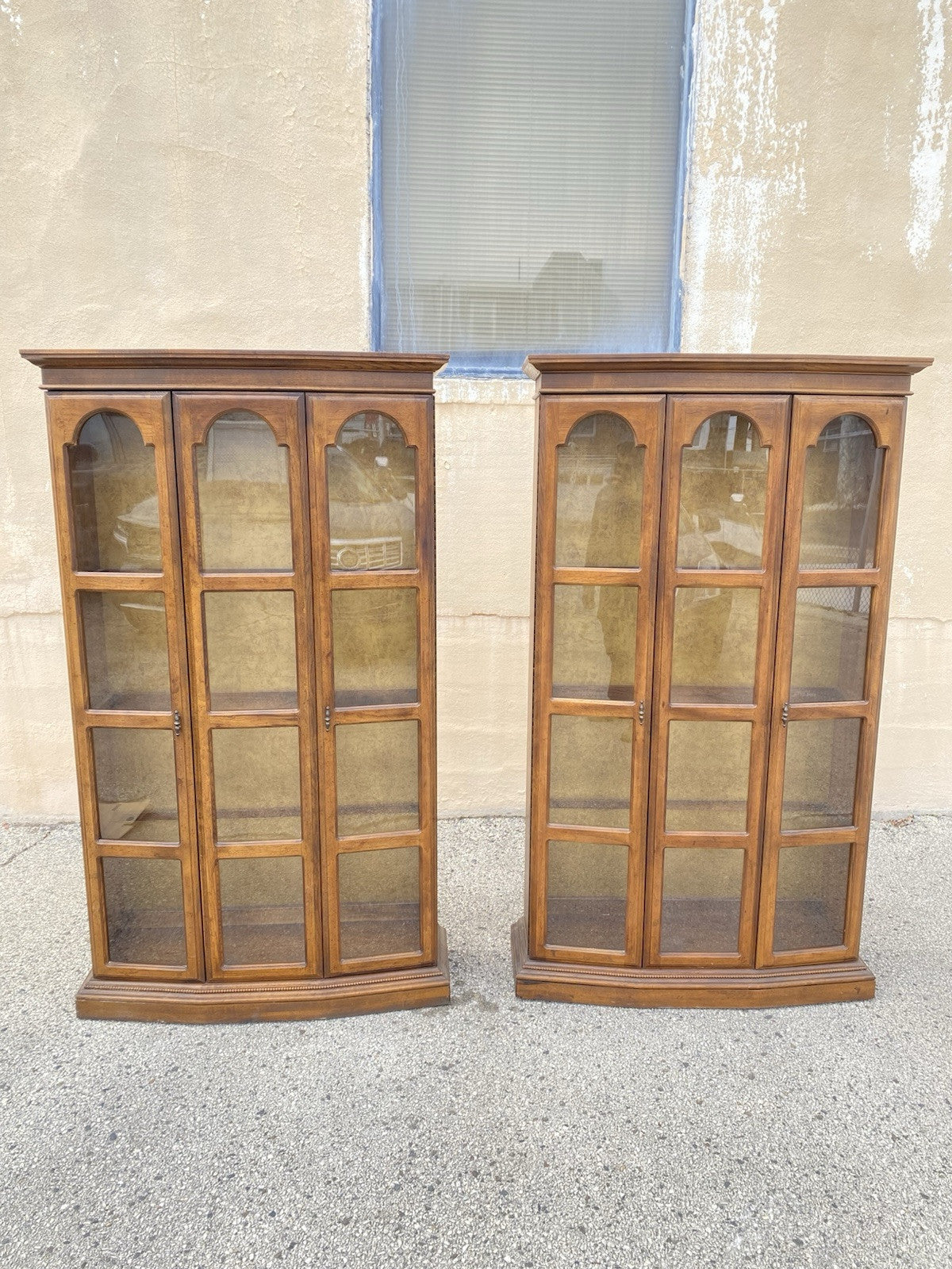 Vintage Hollywood Regency Fruitwood Arched 2 Door Glass 75" Curio China Cabinet