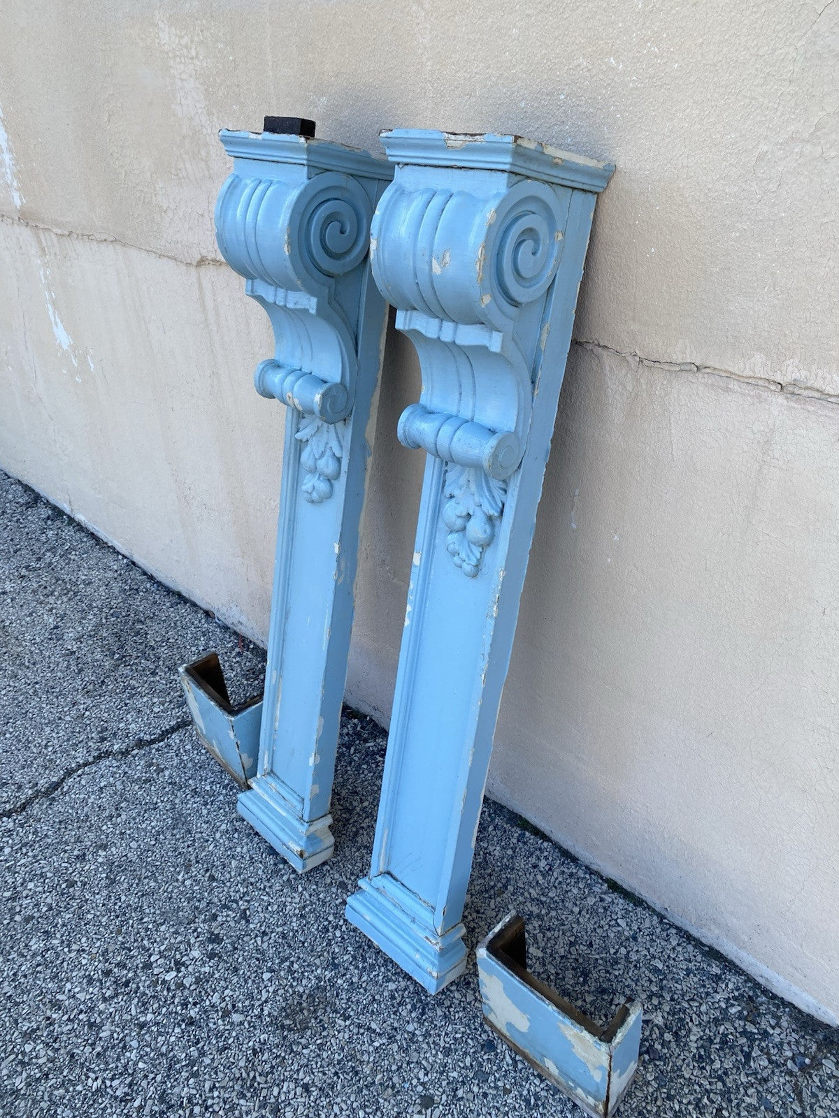 Antique Georgian Carved Wood Blue Paint Mantel 53" Column Pillar Fireplace Pair