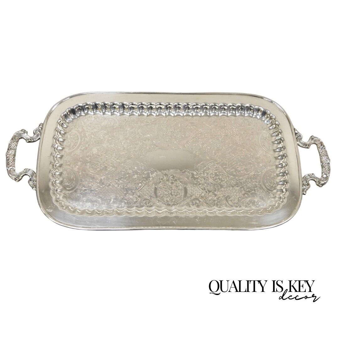 Leonard Silver Plate Footed Engraved Baroque Oval / oblong Tray