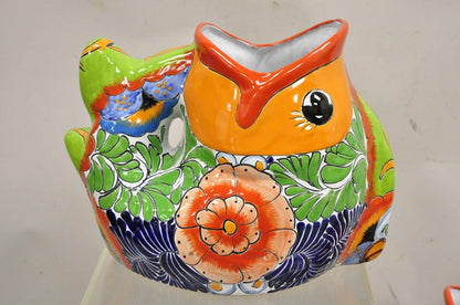 Vintage Mexican Talavera Blue Orange Hand Painted Pottery Fish Planters - a Pair