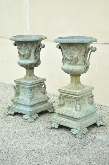 French Louis XV XVI Style Bronze Verdigris 43" Figural Garden Planters - a Pair