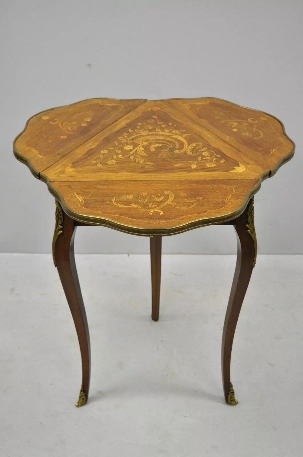 Antique French Louis XV Style Satinwood Inlay Bronze Ormolu Drop Leaf Side Table