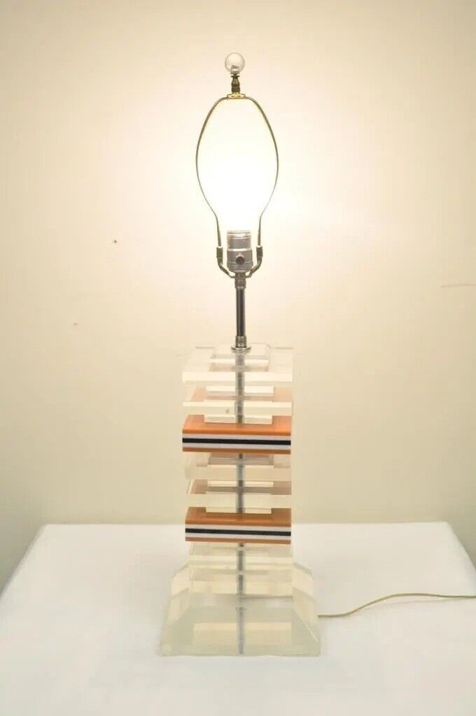 Vintage Mid Century Modern Stacked Lucite Acrylic Skyscraper Table Lamp