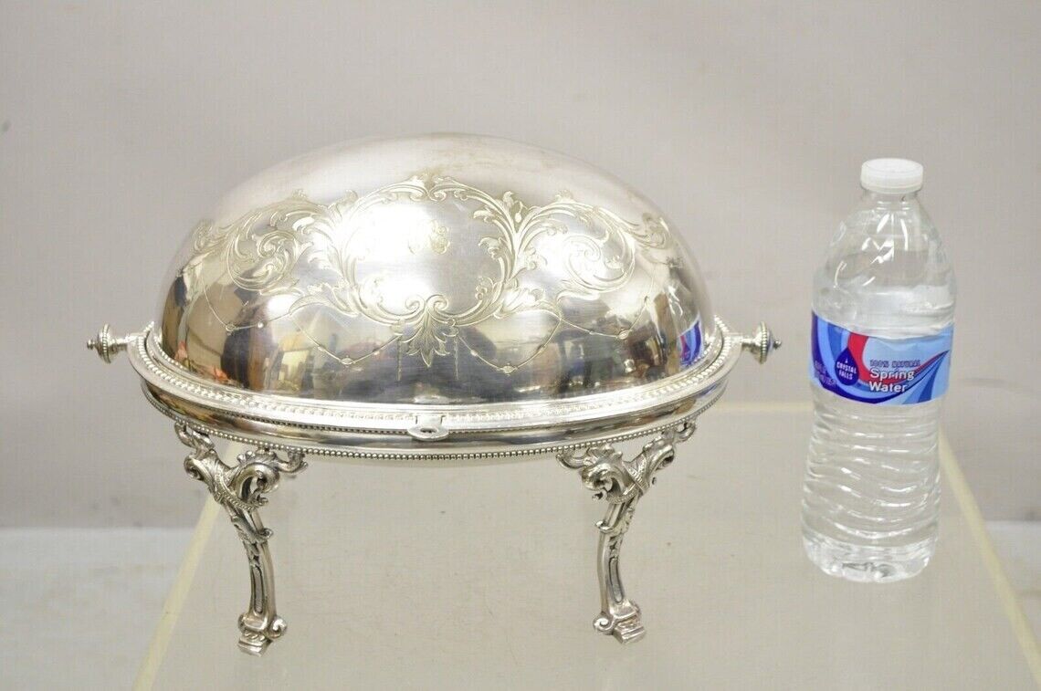 Antique Edwardian Silver Plated Revolving Dome Oval Chafing Dish Food Warmer