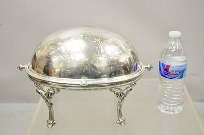 Antique Edwardian Silver Plated Revolving Dome Oval Chafing Dish Food Warmer