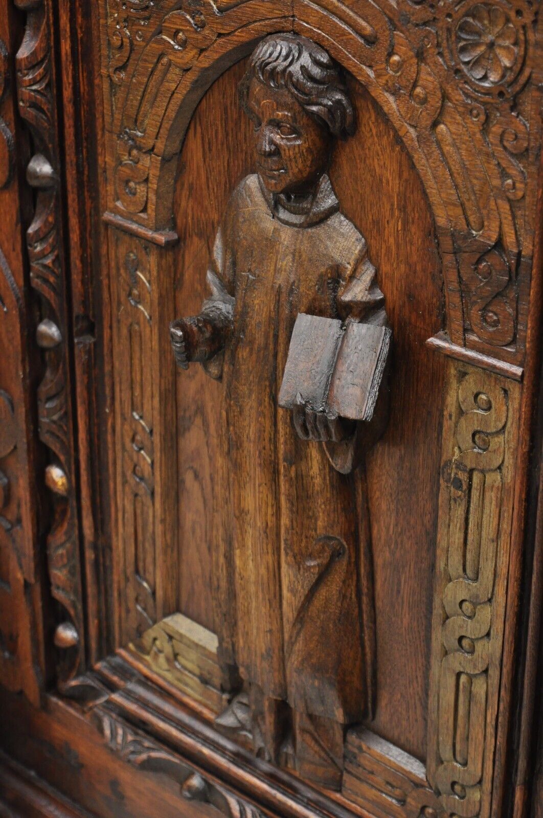 Antique Spanish Renaissance Figural Carved Oak Wood Religious Cupboard Cabinet