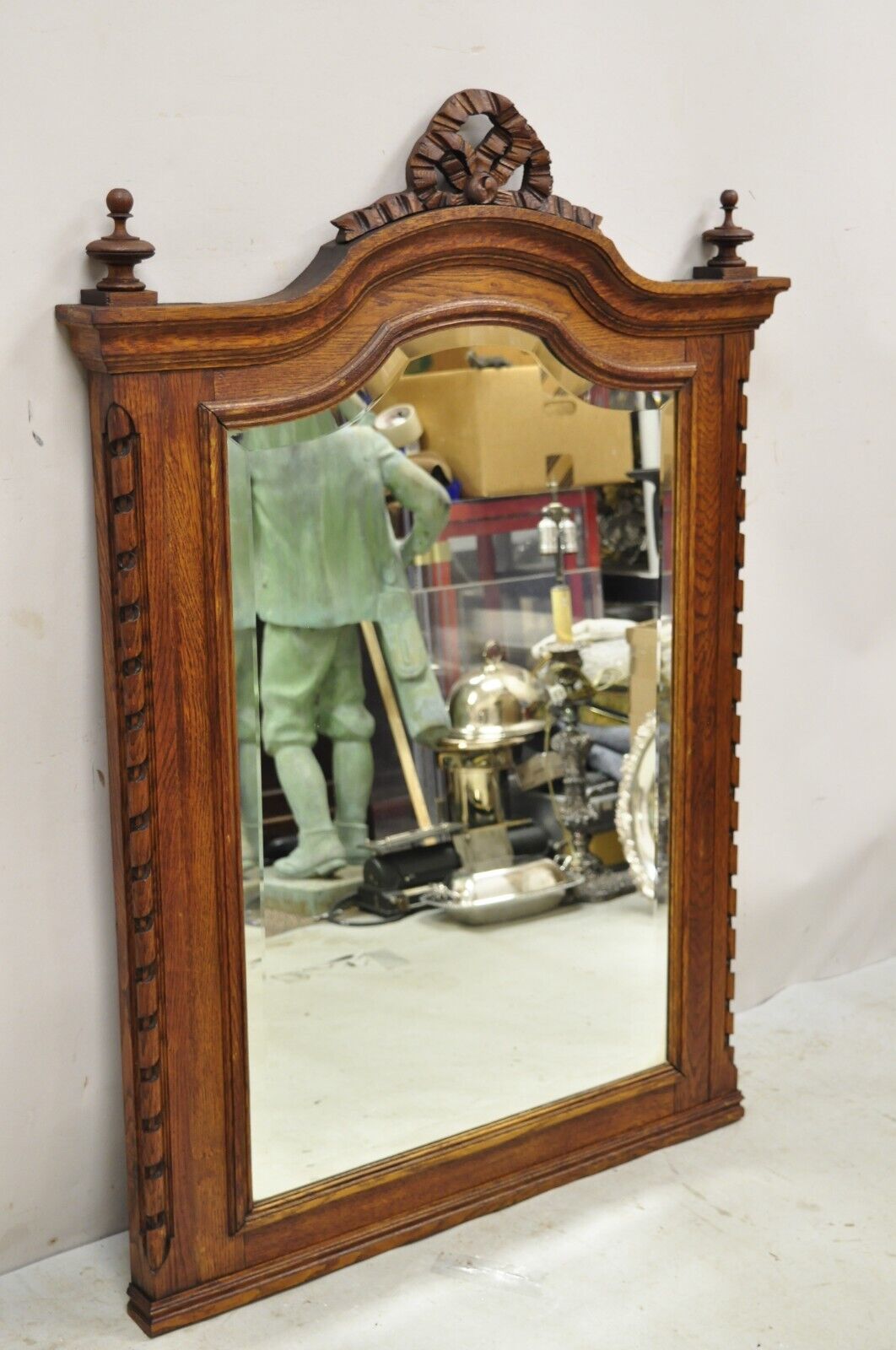 Antique Victorian Carved Oak Wood Ribbon Crest Beveled Glass Wall Mirror