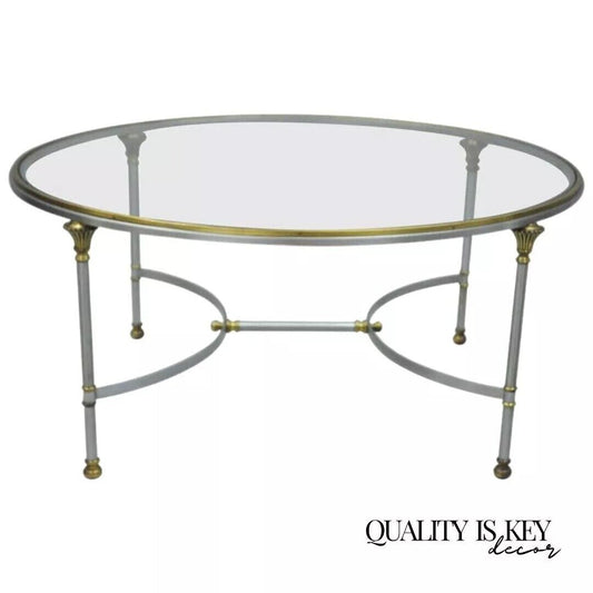 Vintage Maison Jansen Style Italian Regency Steel & Glass Round Coffee Table