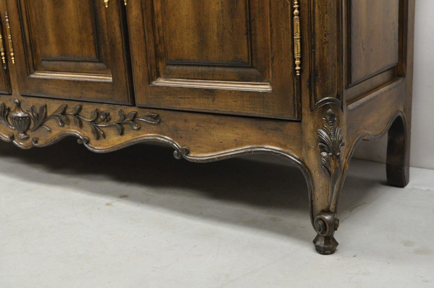 Vintage French Country Provincial Style Carved Walnut 4 Door Sideboard Credenza