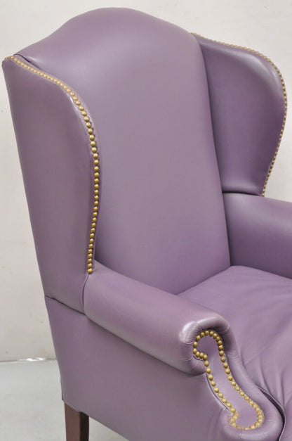 Queen Anne Style Purple Leather Wingback Chair with Nail Heads by Leather Center