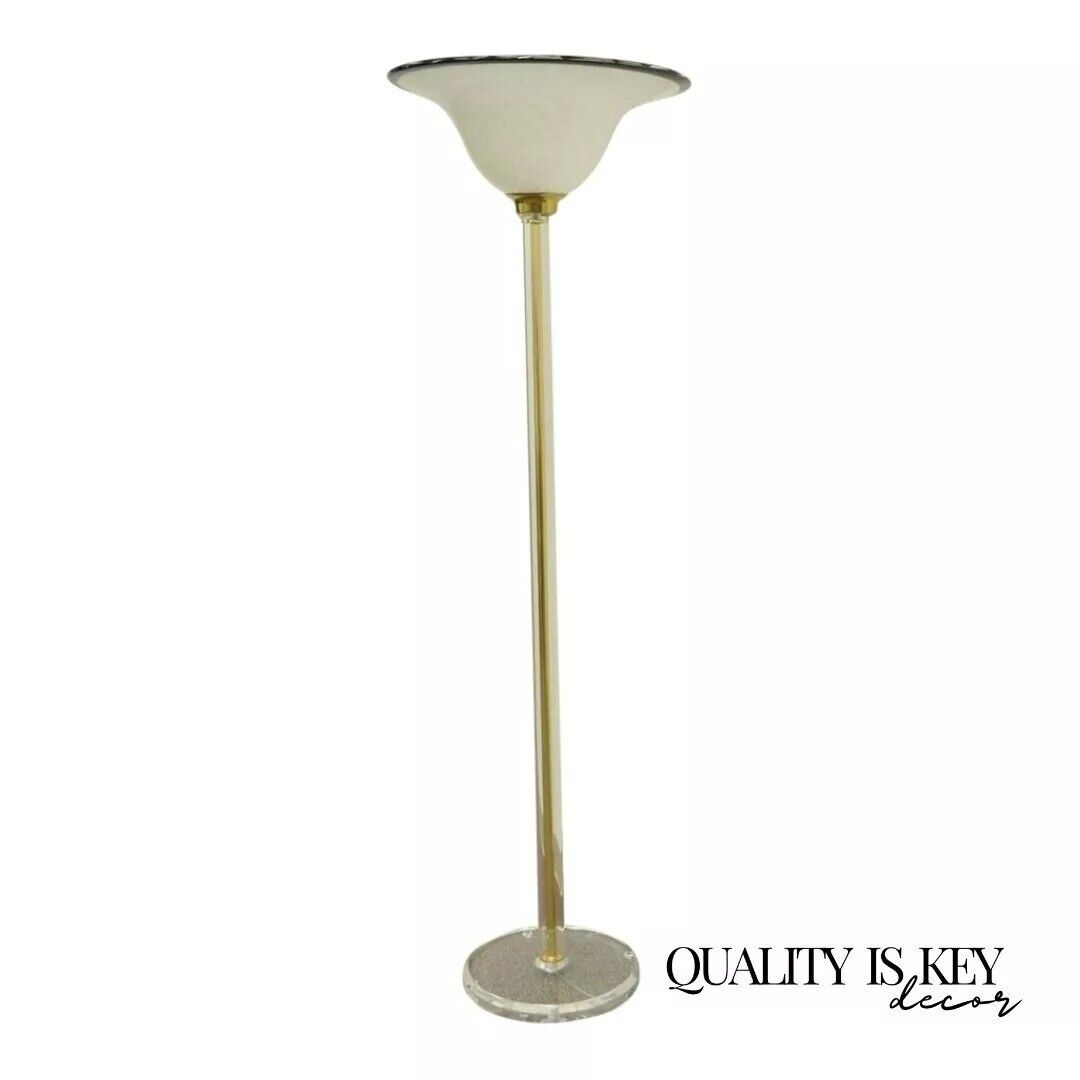 Vintage Mid Century Hollywood Regency Lucite Brass Glass Torchiere Floor Lamp