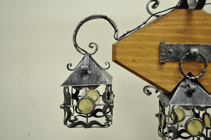 Vintage Arts & Crafts Gothic Style Wood Wrought Iron 3 Light Lantern Chandelier