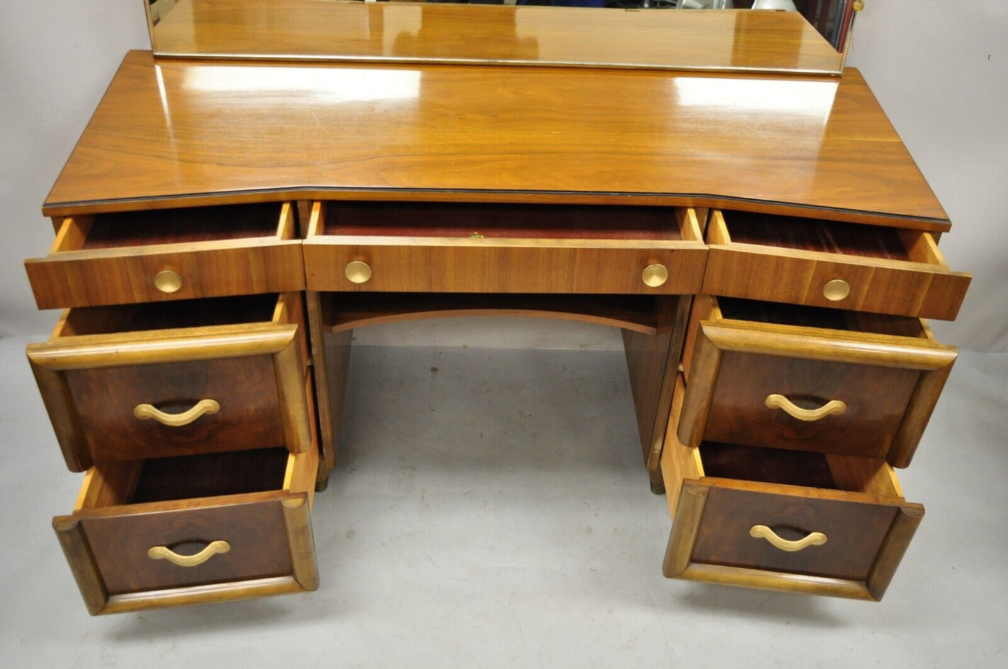 Joerns Bros Art Deco Mid Century Burl Walnut Vanity Table with Mirror