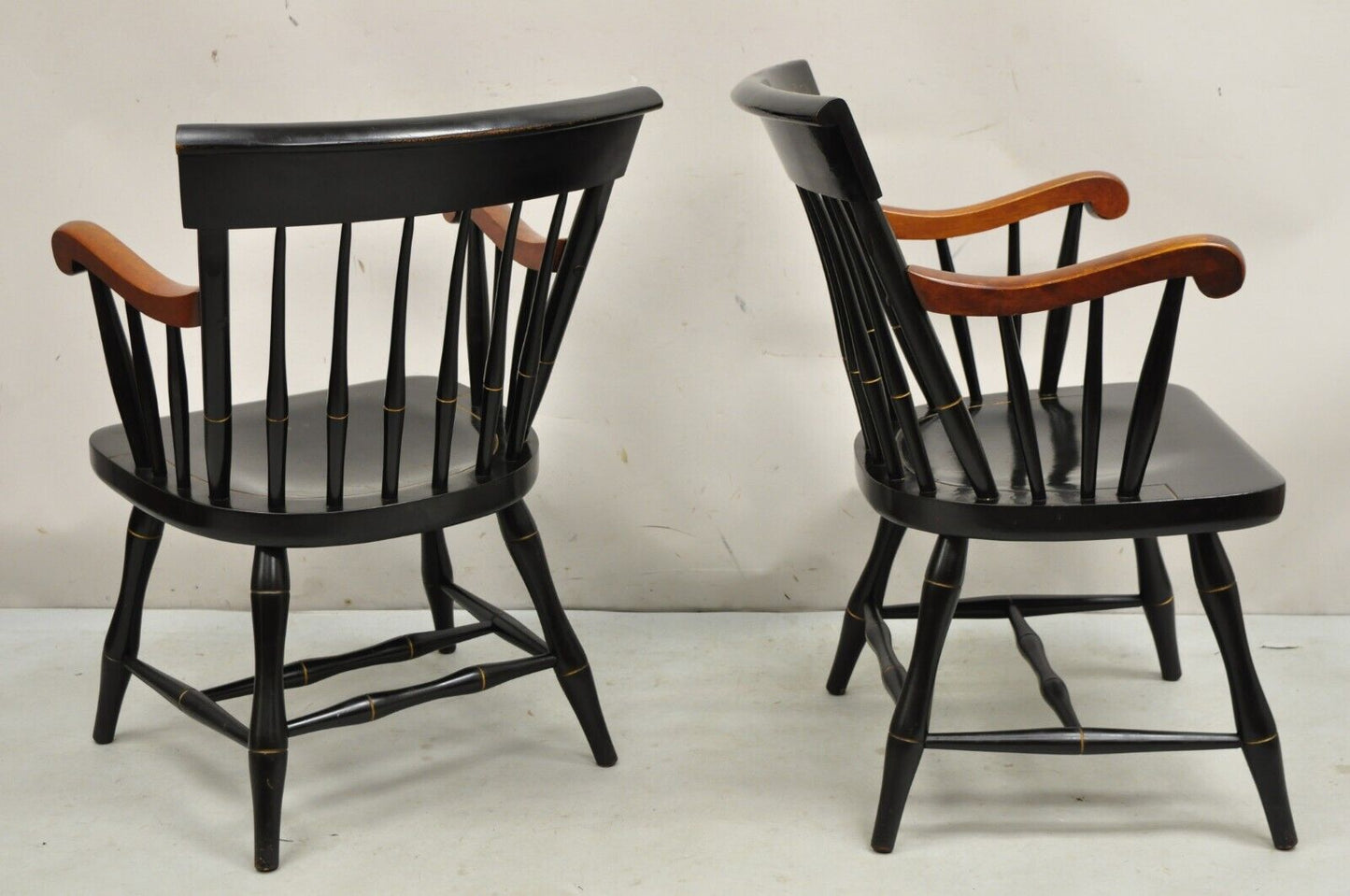 Vintage Nichols & Stone Black Harvest Stencil Hitchcock Style Arm Chairs - Pair