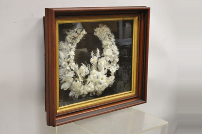 Antique Victorian White Feather Flower Mourning Wreath Mahogany Shadow Box Frame