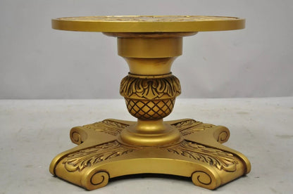 Vintage Hollywood Regency Gold Wooden Pedestal Base Round Glass Top Coffee Table