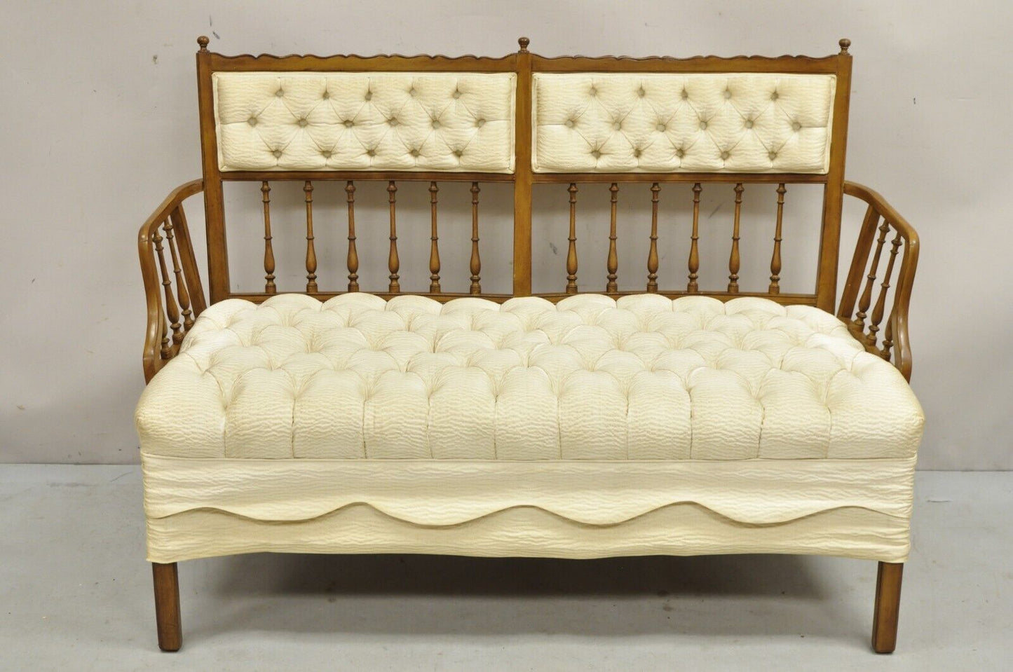 Vintage French Country Style Carved Wood Spindle Upholstered Settee Sofa