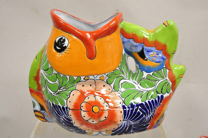 Vintage Mexican Talavera Blue Orange Hand Painted Pottery Fish Planters - a Pair