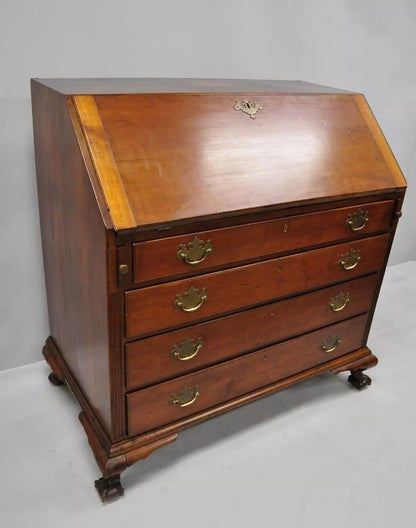 19th C. Chippendale Style Mahogany Slant Front Carved Ball & Claw Secretary Desk