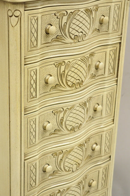 Vintage French Country Provincial Style Cream Painted 5 Drawer Chest Nightstand