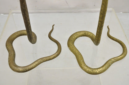 Vintage Brass Figural Hollywood Regency Coiled Cobra Snake Candlesticks - a Pair