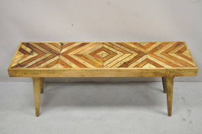 Modern Slatted Wood 48" Geometric Inlay Rustic Farmhouse Coffee Table Bench