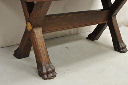 Antique English Renaissance Oak Wood Trestle Sawbuck Dining Table with Paw Feet